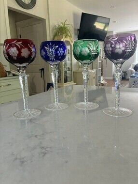 Four Beautiful Vintage Cut To Clear Long Stem Hock Crystal Wine Glasses ✨️